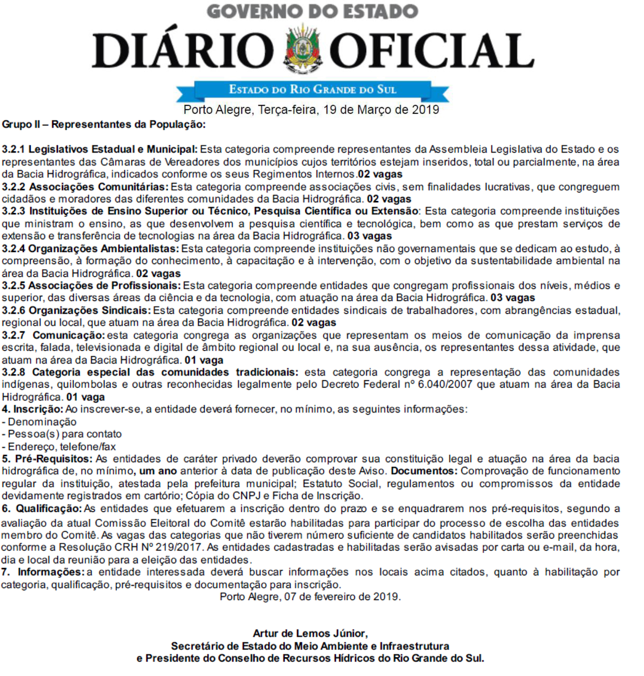 2019 Aviso SEMA-CRH-RS nÂº 02-2019 Cadastramento Entidasdes Processo Eleitoral Comite Bacioa Rio Gravatai 19-03-2