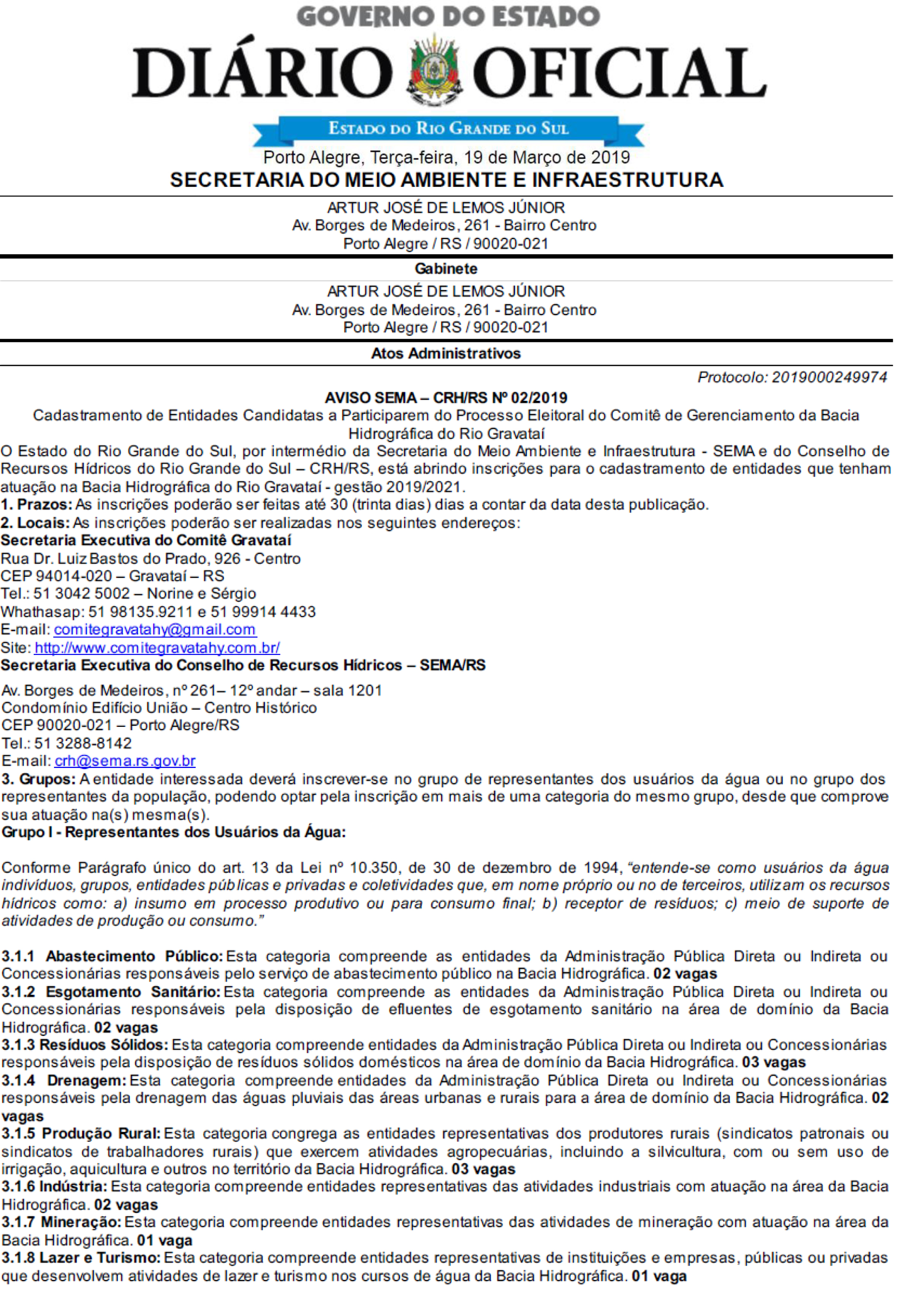 2019 Aviso SEMA Processo Eleitoral Comite Bacioa Rio Gravatai 19-03-1