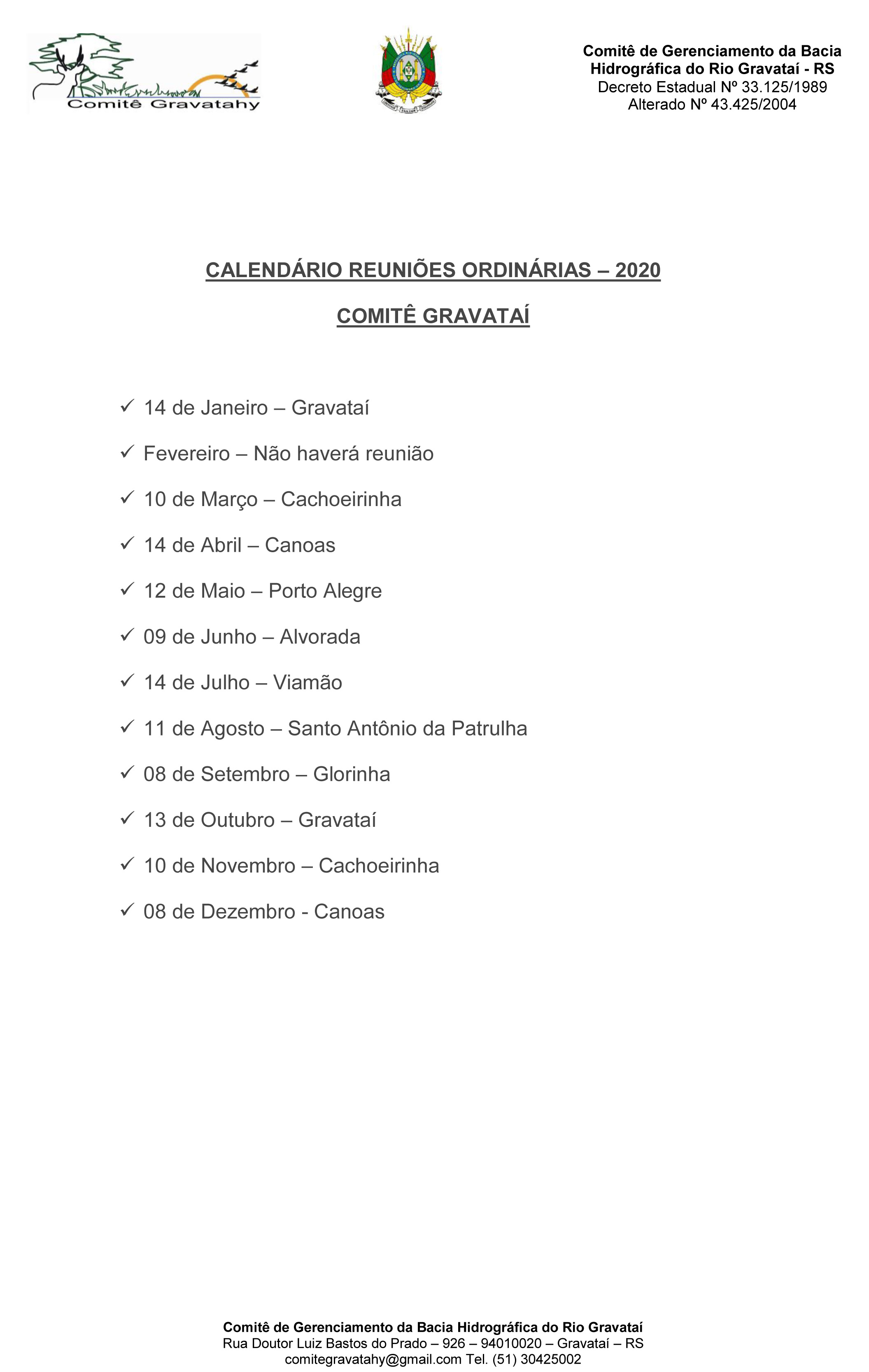 Calendário Comitê Gravataí 2020