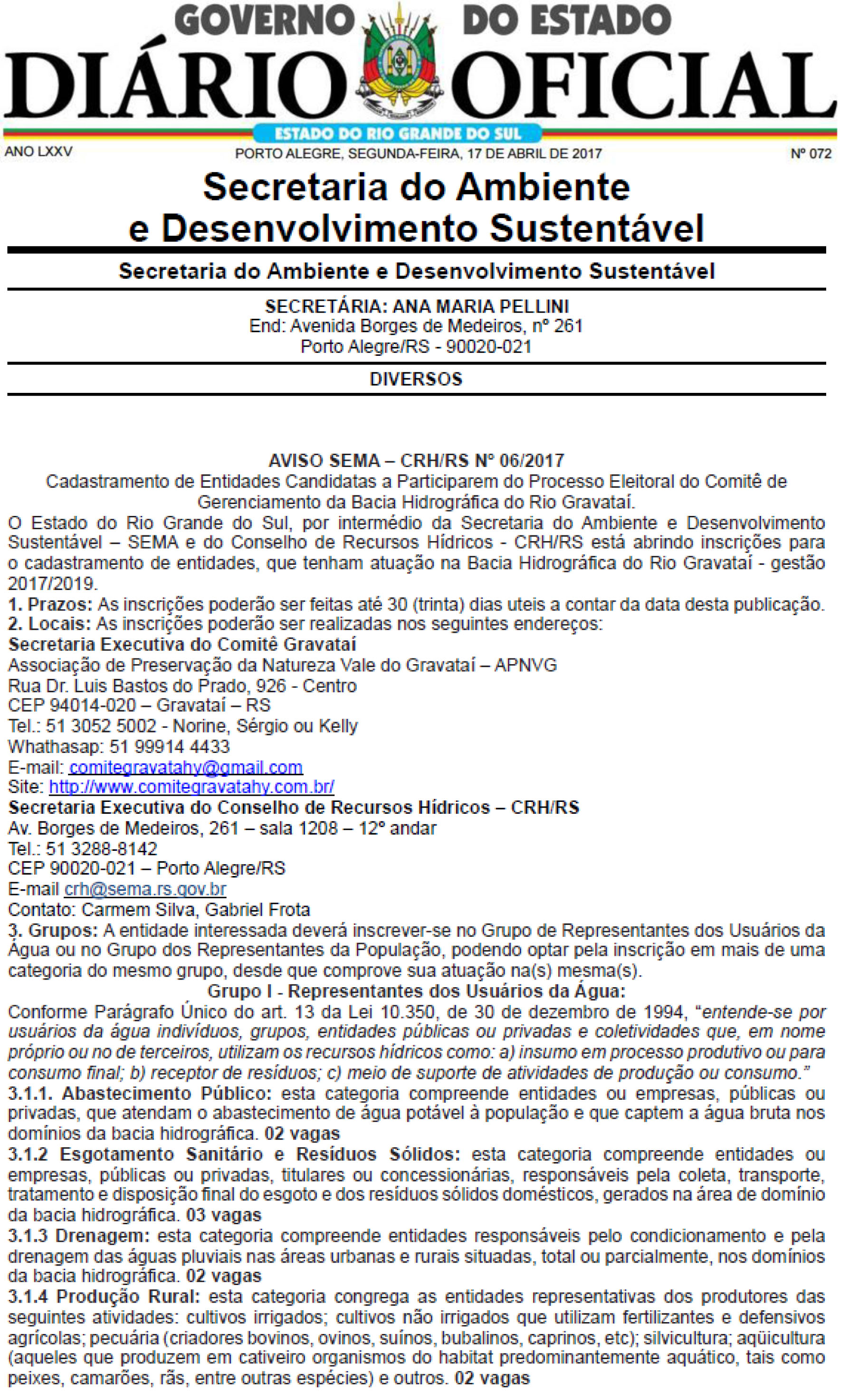 2017 Aviso CRH nÂº 06-2017 cadastramento Entidades Processo Eleitoral Comite Bacia Rio Gravatai 17-04-1
