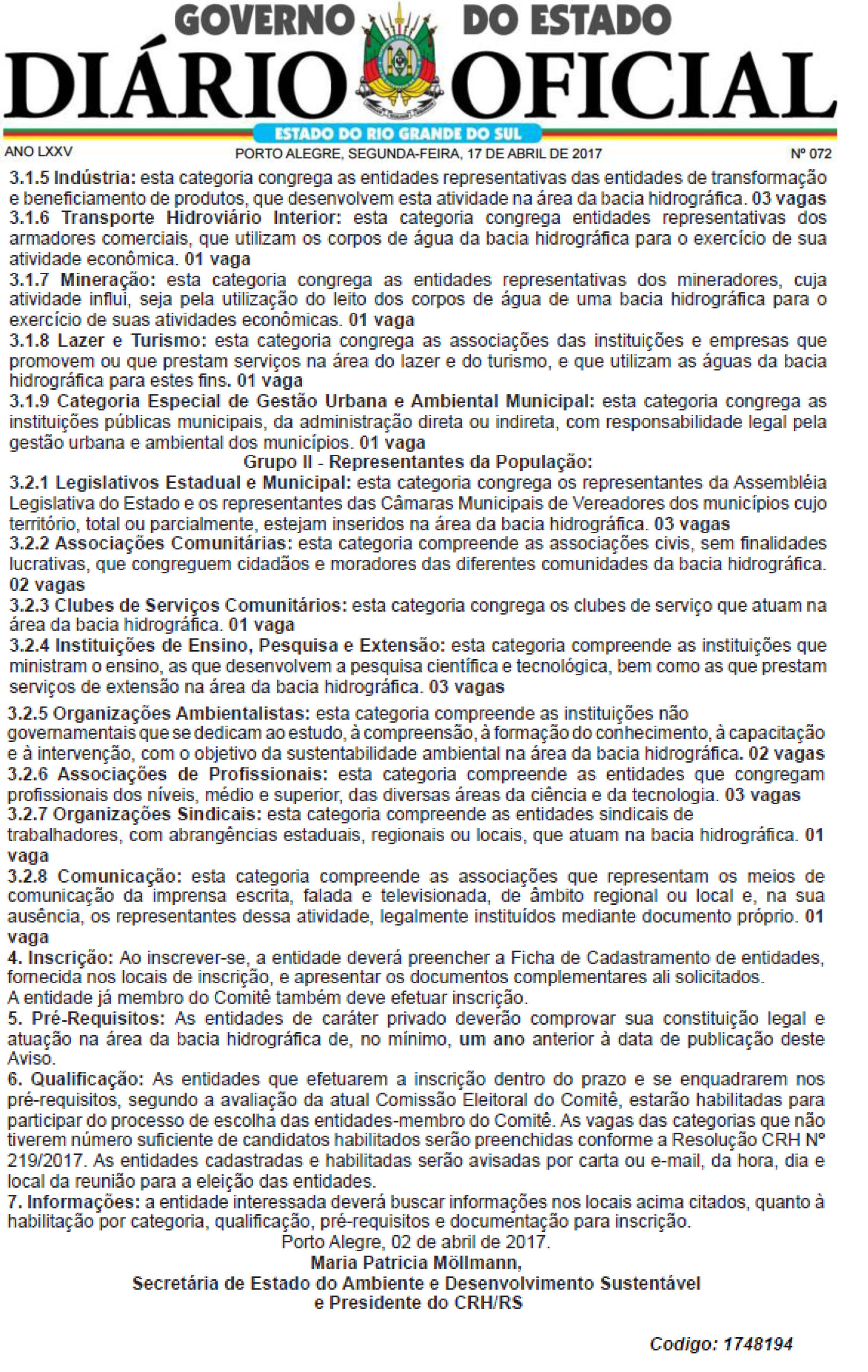 2017 Aviso CRH nÂº 06-2017 cadastramento Entidades Processo Eleitoral Comite Bacia Rio Gravatai 17-04-2-2