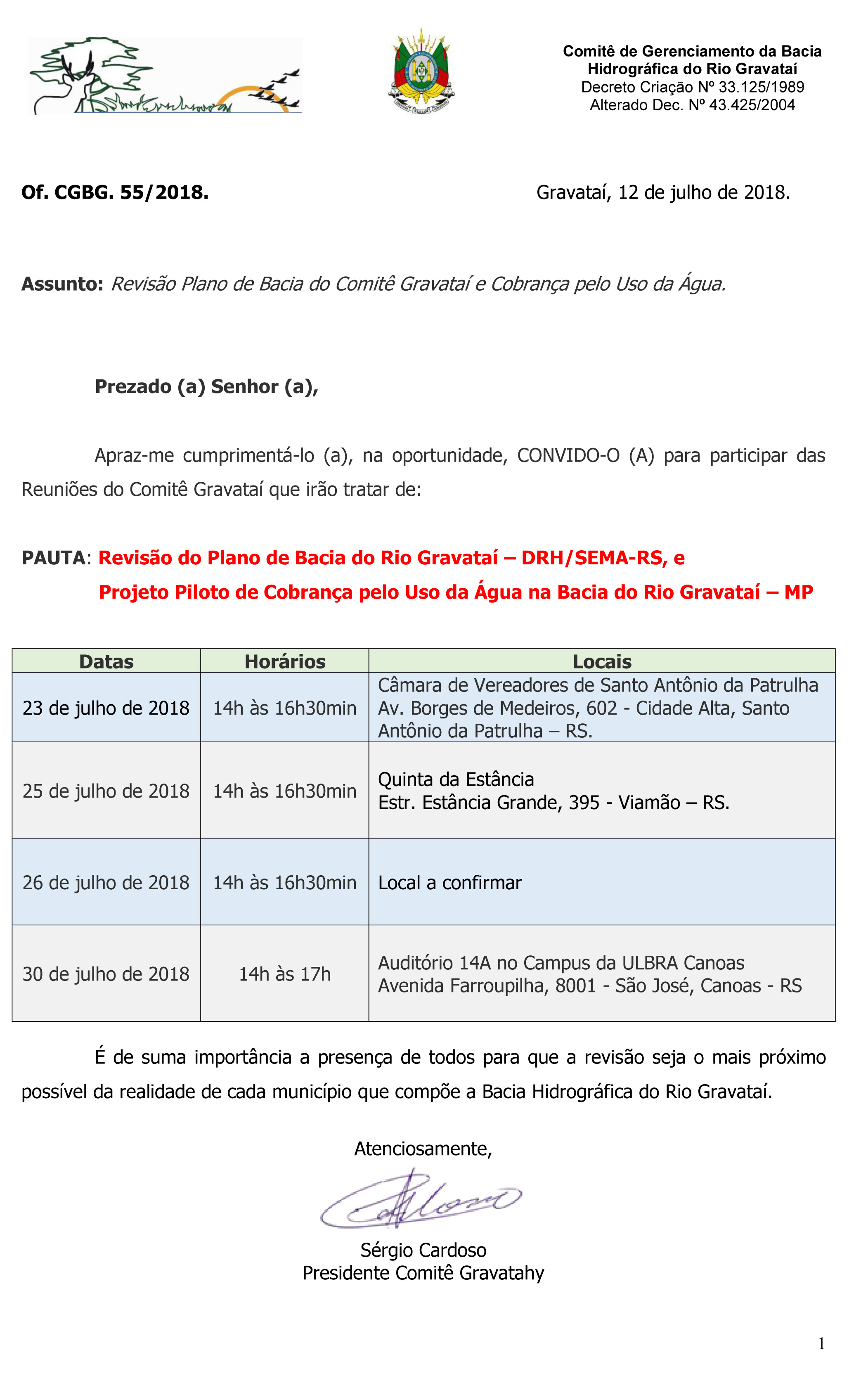 Ofício 055 agenda cobranca agua rio gravatai